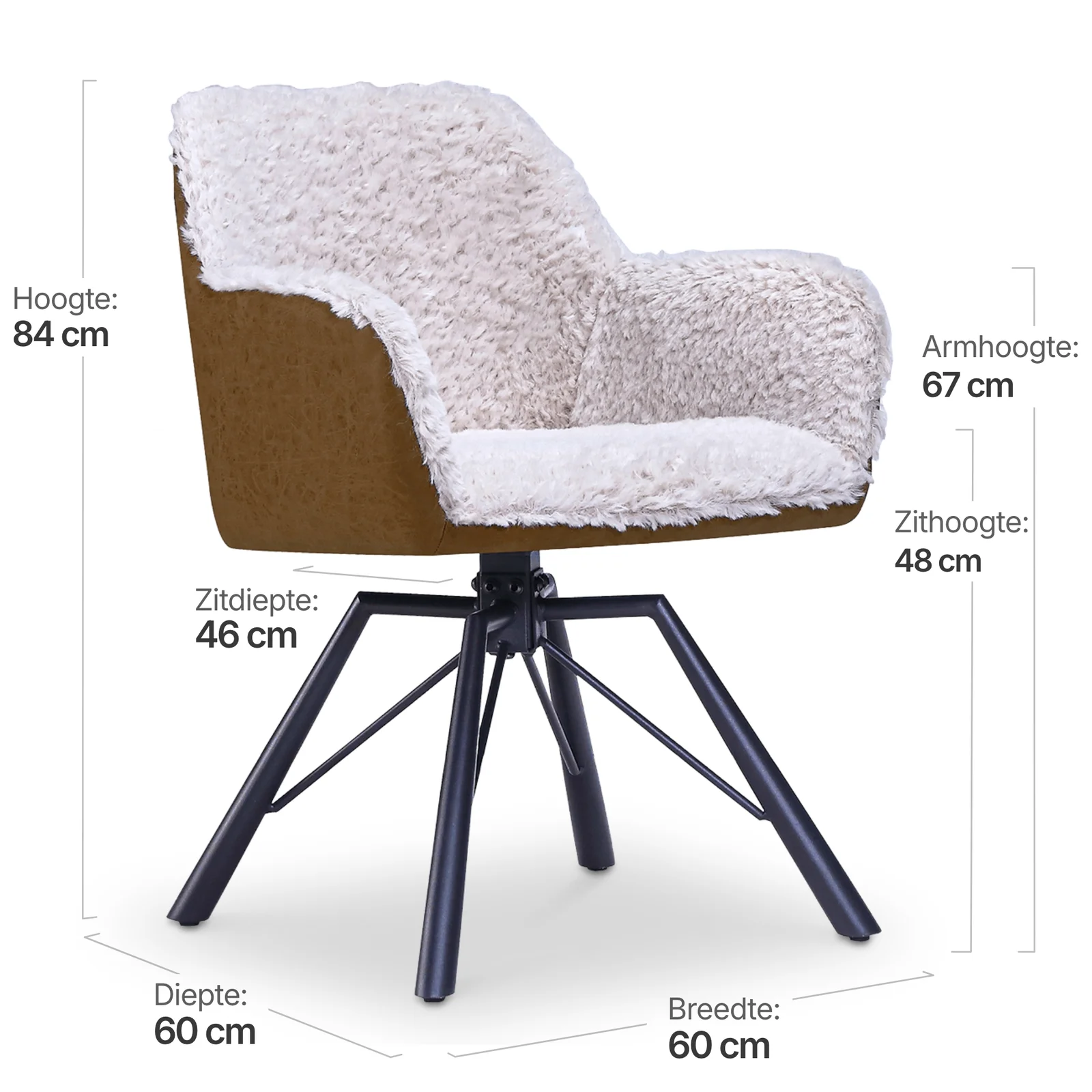 Draaibare Eetkamerstoel Nord | Taupe Sheepskin Cognac Leer  | Zwart Onderstel