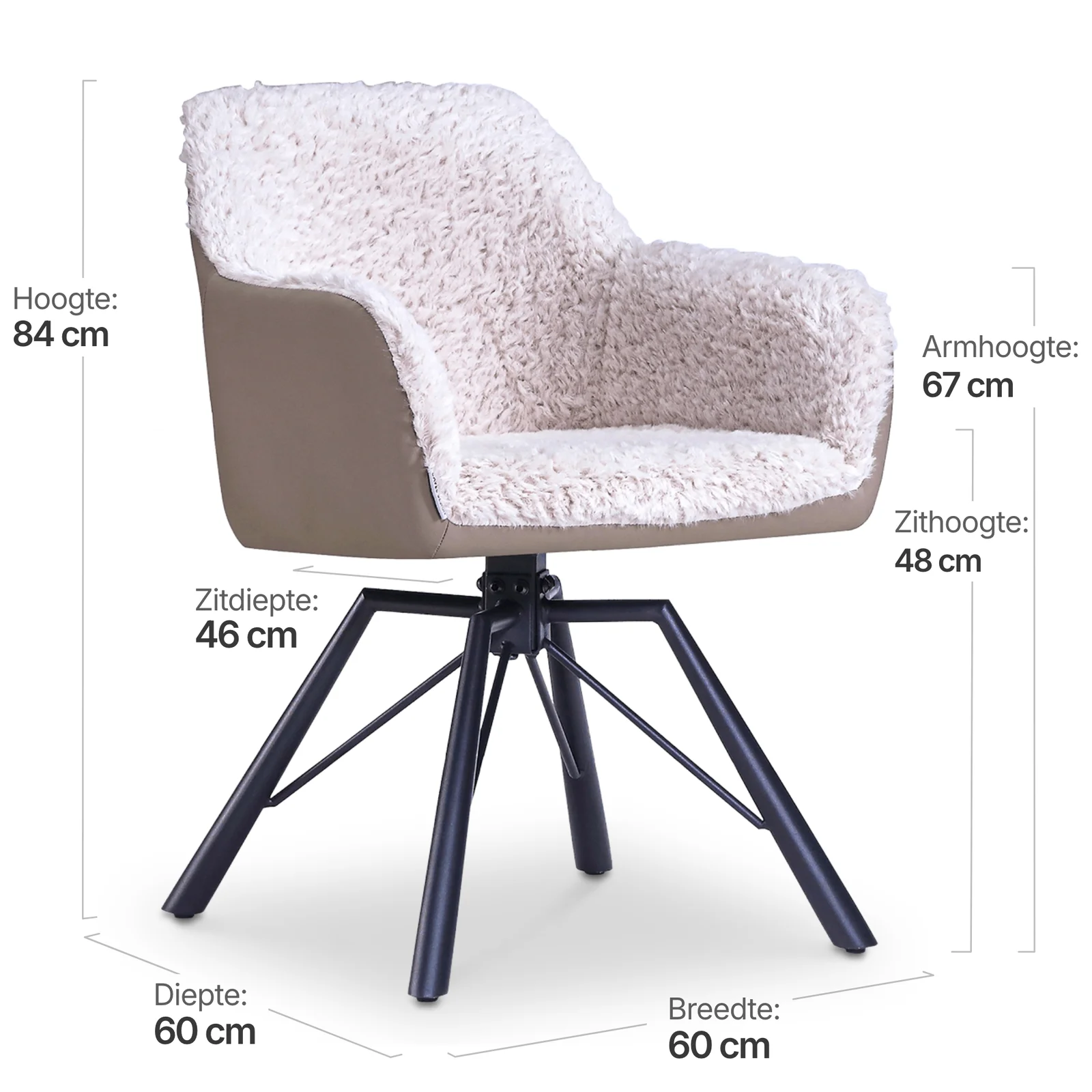 Draaibare Eetkamerstoel Nord | Taupe Sheepskin Taupe Leer | Zwart Onderstel