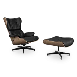 Cavel Lounge Chair Zwart Leer | Walnoot Schalen