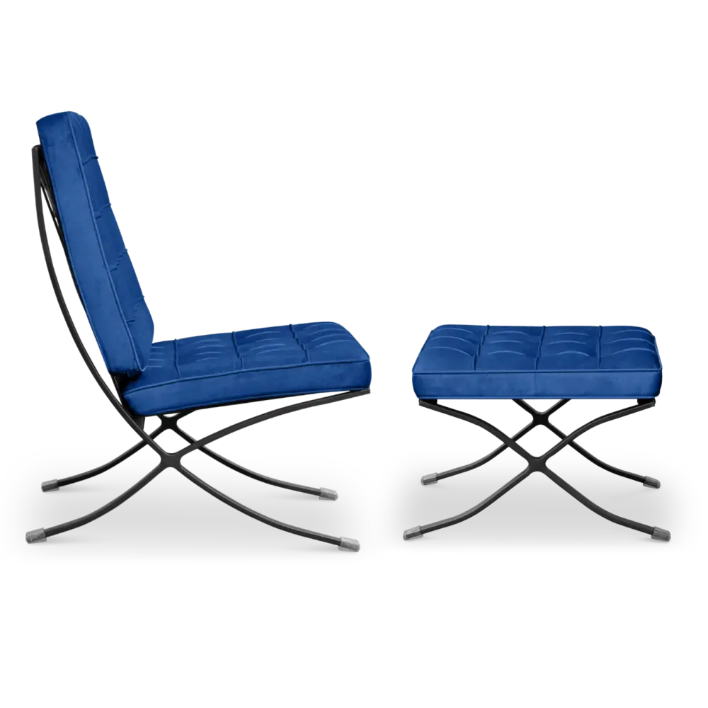 Paviljoen Chair XL Blauw Velvet Set | Inclusief Voetenbank | Zwart Frame Paviljoen Chair XL Blauw Velvet Set | Inclusief Voetenbank | Zwart Frame