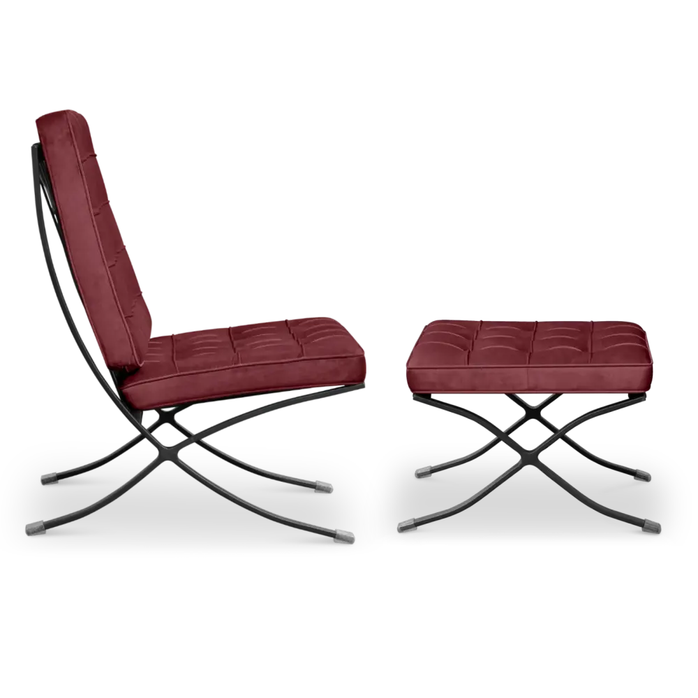 Paviljoen Chair XL Rood Velvet Set | Inclusief Voetenbank | Zwart Frame