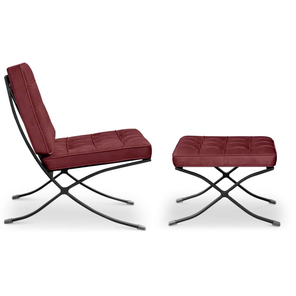 Paviljoen Chair Rood Velvet Set | Inclusief Voetenbank | Zwart Frame