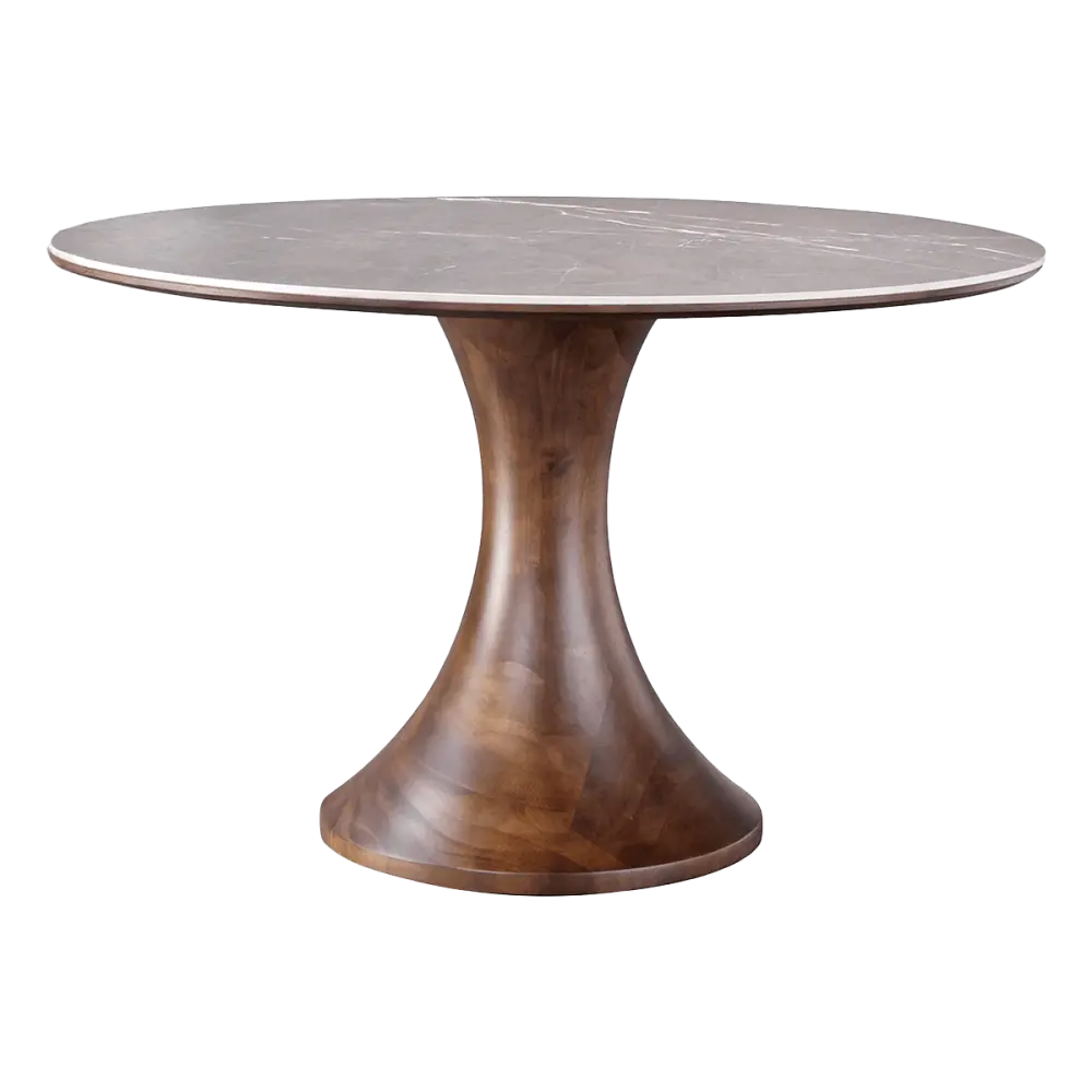 Ronde Tulip Eettafel Antraciet Keramiek Walnoot Onderstel