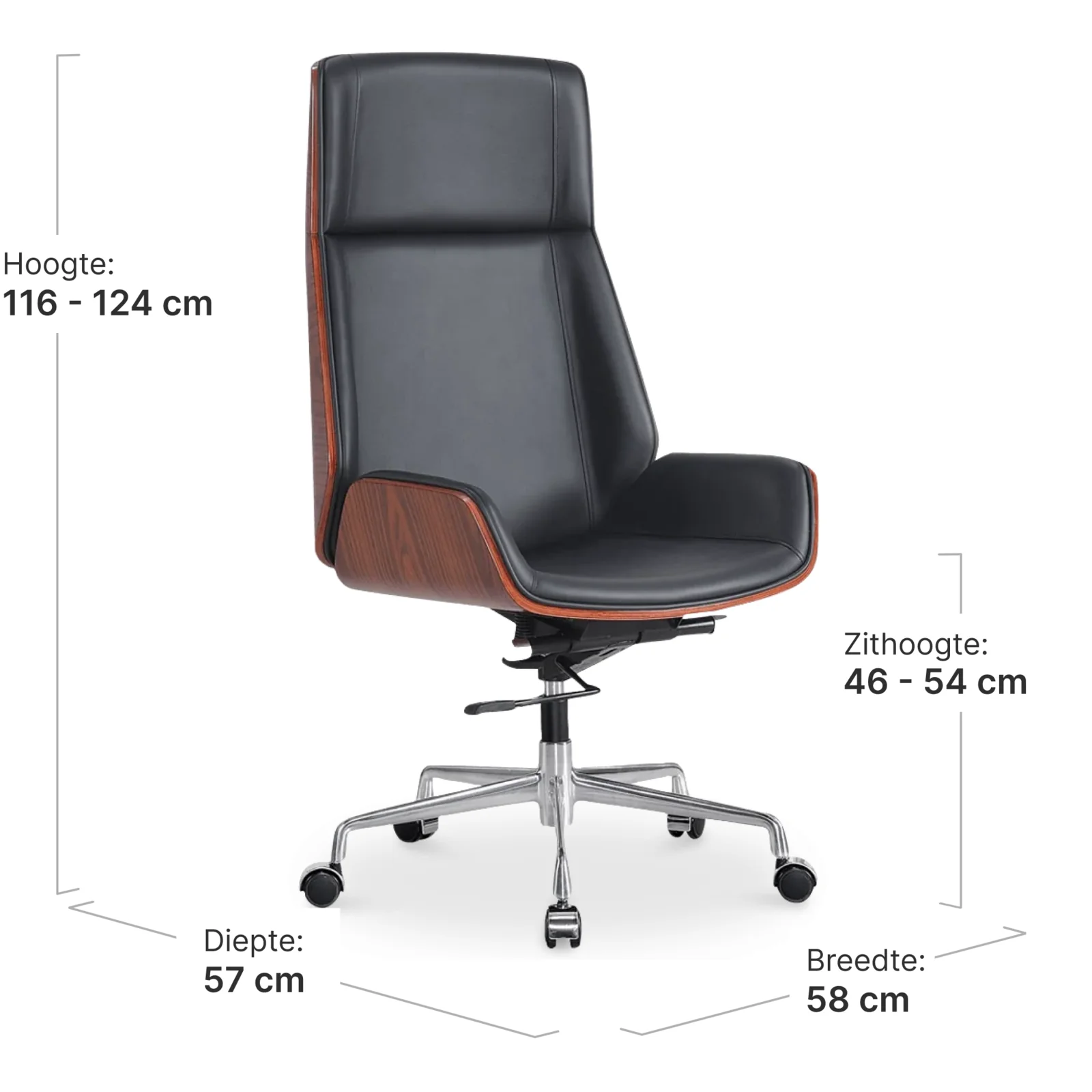 Bureaustoel Charles Zwart Leer, Palissander Hout