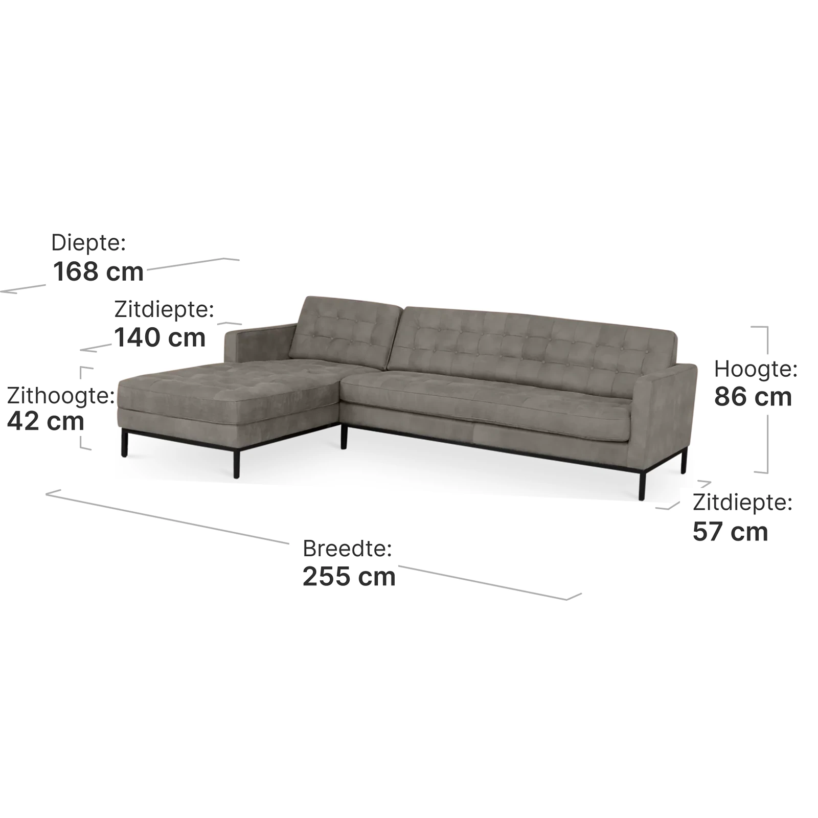 Italo Hoekbank Elegant Silver Grey Velvet (Hoek Rechts)