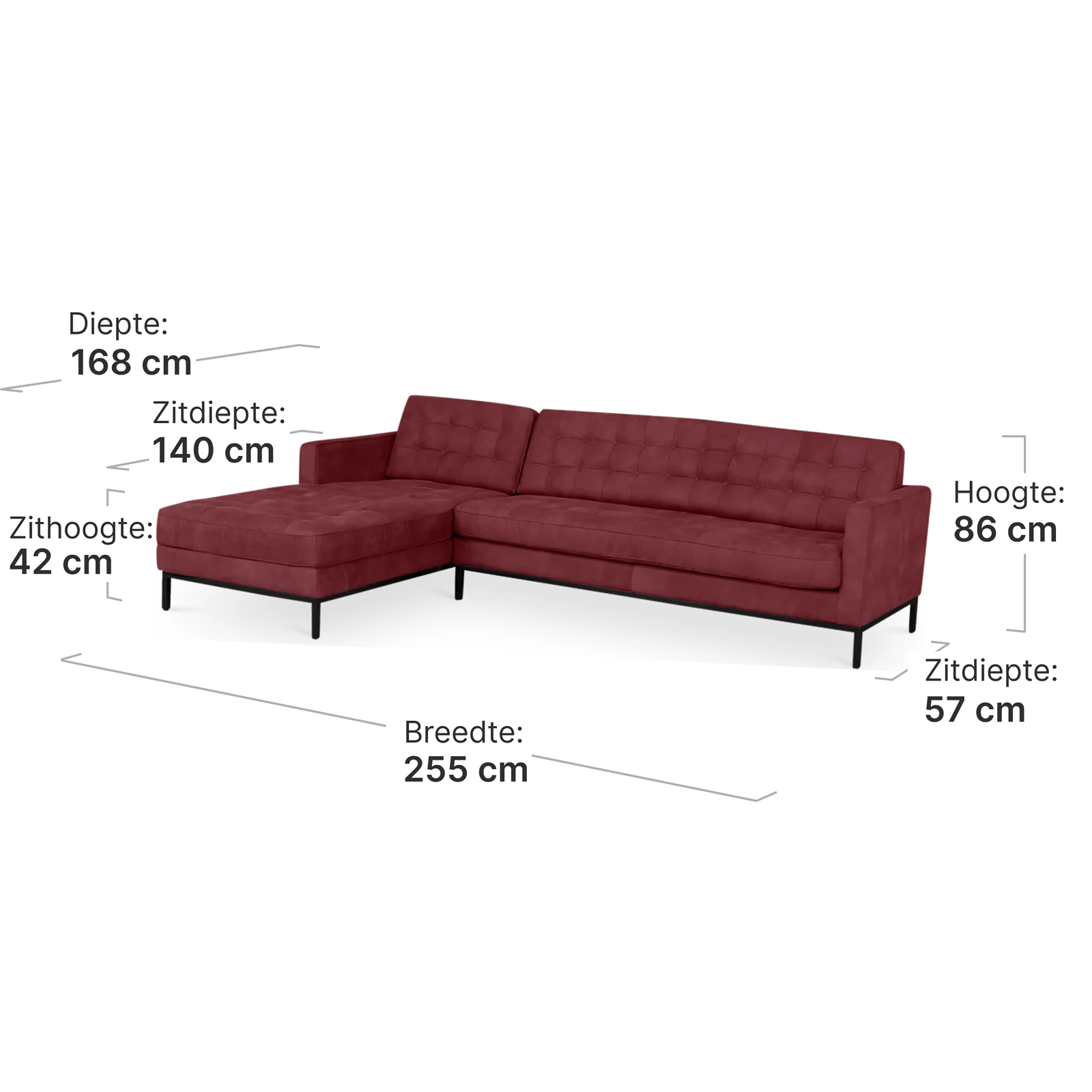 Italo Hoekbank Bordeaux Red Velvet (Hoek Rechts)