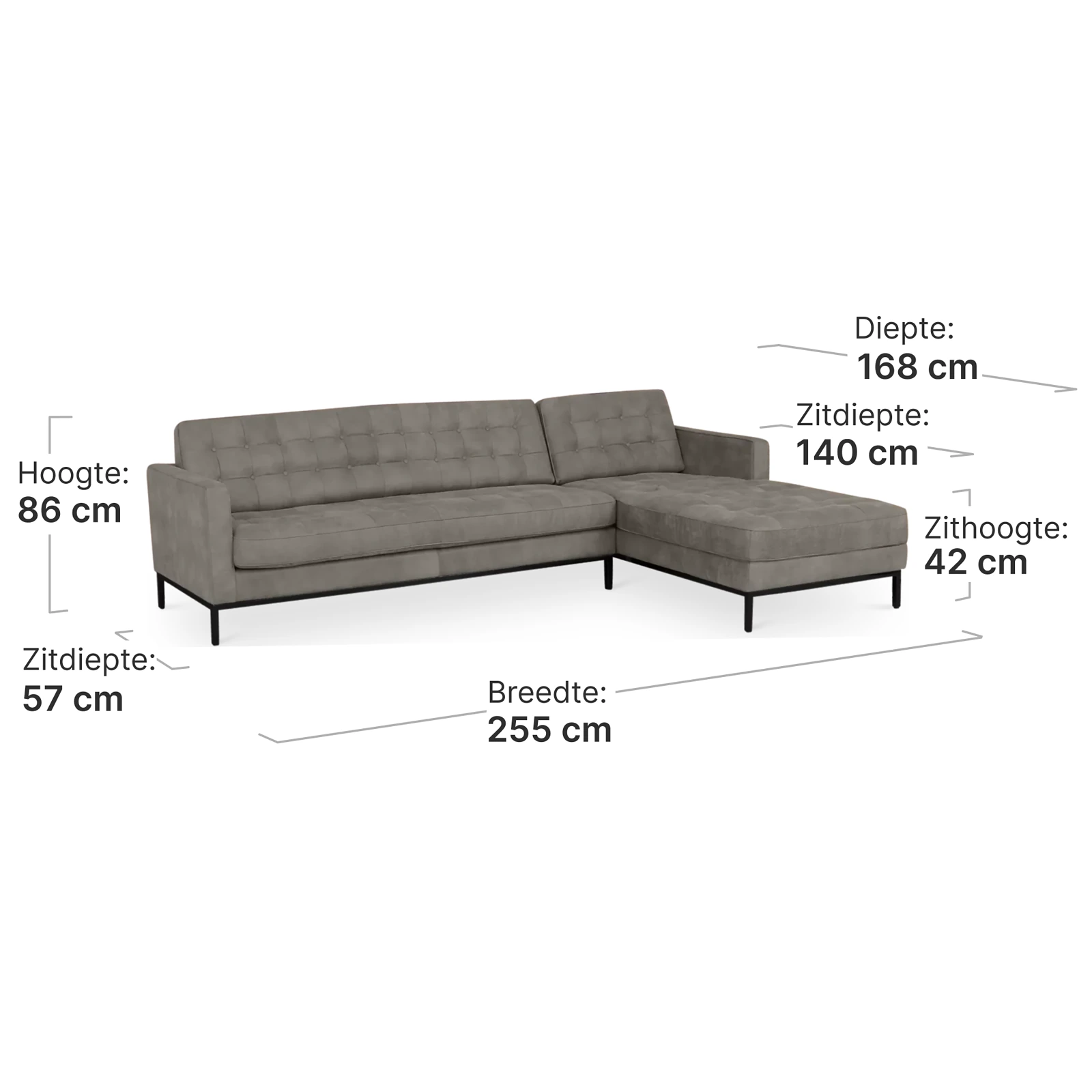 Italo Hoekbank Elegant Silver Grey Velvet (Hoek Links)