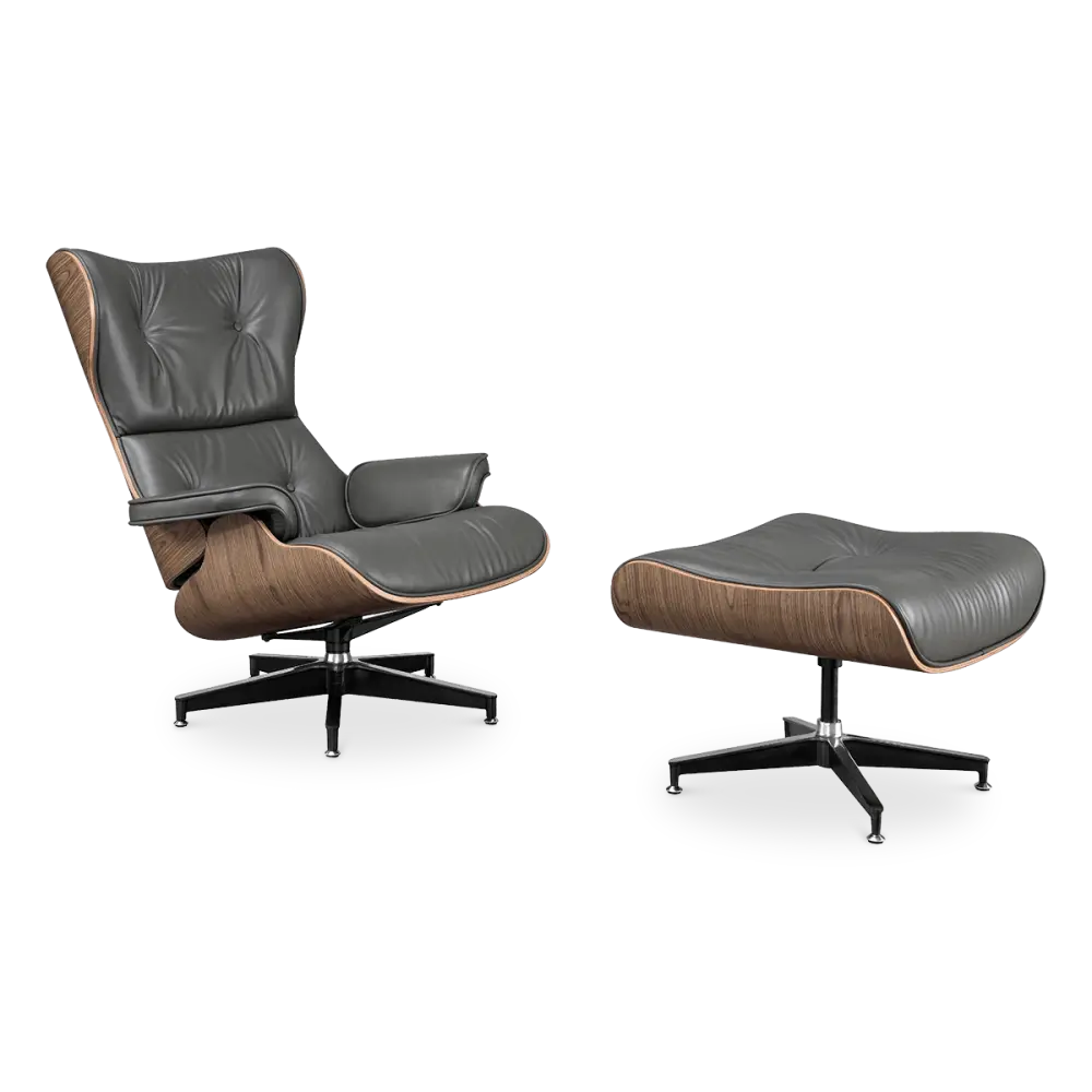 Cavel Lounge Chair Grijs Leer | Walnoot Schalen